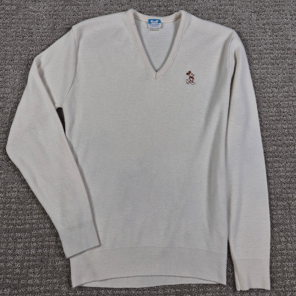 Vintage Disney Character Fashions Sweater Mens M Ivory Mickey Mouse V-neck 80s